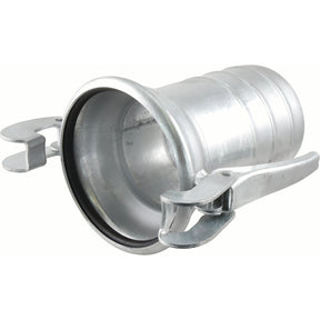 The Sparex Coupling with hose end - Female 8'' (200mm) x 8'' (200mm) in a galvanized finish, model S.136557, featuring a pull-down latch mechanism for connecting hoses or pipes, is shown in a horizontal position.