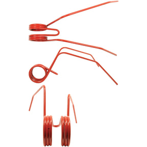 Three red Track Eradicator Tines - Ø5mm, Length: 275/250mm from Sparex, aligned in a vertical row against a white background, reminiscent of precision-engineered components from Kverneland.