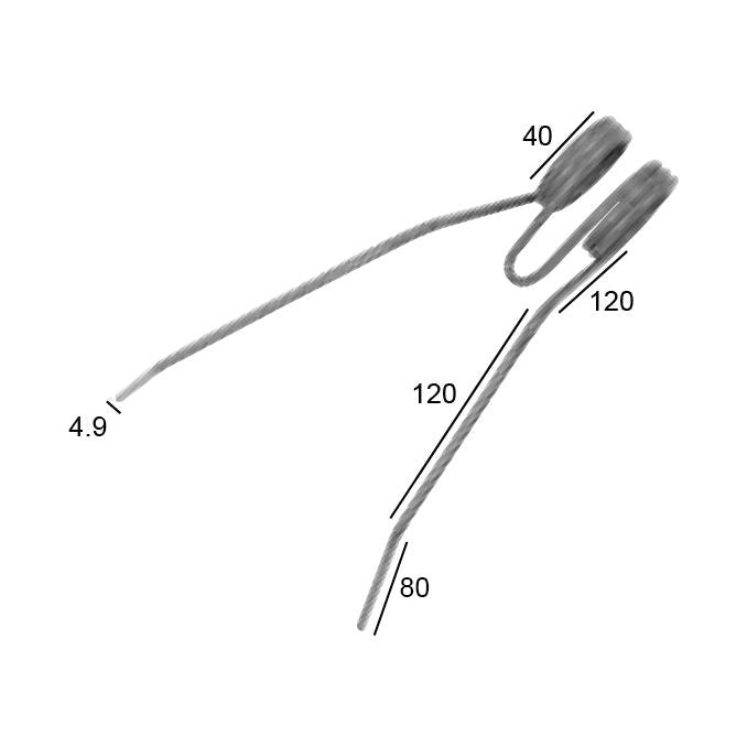 A wire object with multiple bends and angles, resembling an intricate piece from Sparex equipment; labeled measurements indicate lengths in millimeters: 40, 120, 4.9, and 80. The item is similar to the Track Eradicator Tine - Ø5mm by Sparex, with a length of 275/250mm (Sparex Part No.S.77770).