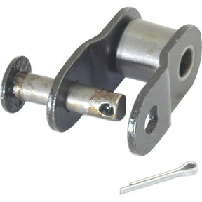 A close-up image of a metal hinge assembly with a bolt, cylinder, and cotter pin is shown. This assembly appears to be designed for mechanical or automotive use, possibly in conjunction with the Sparex Cranked Link, Simplex, 081-1 (Sparex Part No.S.37506) to optimize performance.