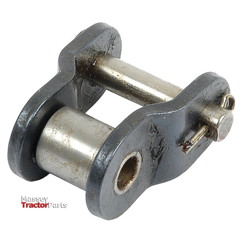 A metallic tractor chain link component, the Cranked Link, Simplex, 80-1 (Sparex Part No. S.27506), features a connecting pin and ideal roller width for use in mechanical assembly. The Massey Tractor Parts logo is seen at the bottom left corner.