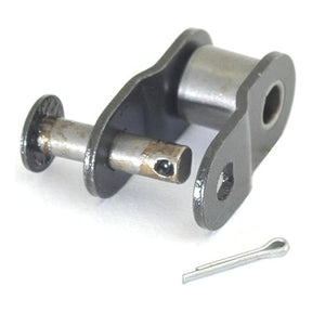 Close-up of a Cranked Link, Simplex, 942-1 (Sparex Part No. S.37507) assembly with cylindrical pin, flat metal bracket with holes, and a small separate pin from the Sparex brand, showcasing the precision of iwis Chain Reference components.