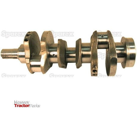 The Sparex Crankshaft (3 Cyl.) for Ford 2.9L engines, part number S.66041, is displayed here. The component features a series of offset crankpins and balancing weights, specifically designed for internal combustion engines. Visible in the bottom left corner is the Massey Tractor Parts logo, alongside a mark confirming its compatibility with Ford engine parts.