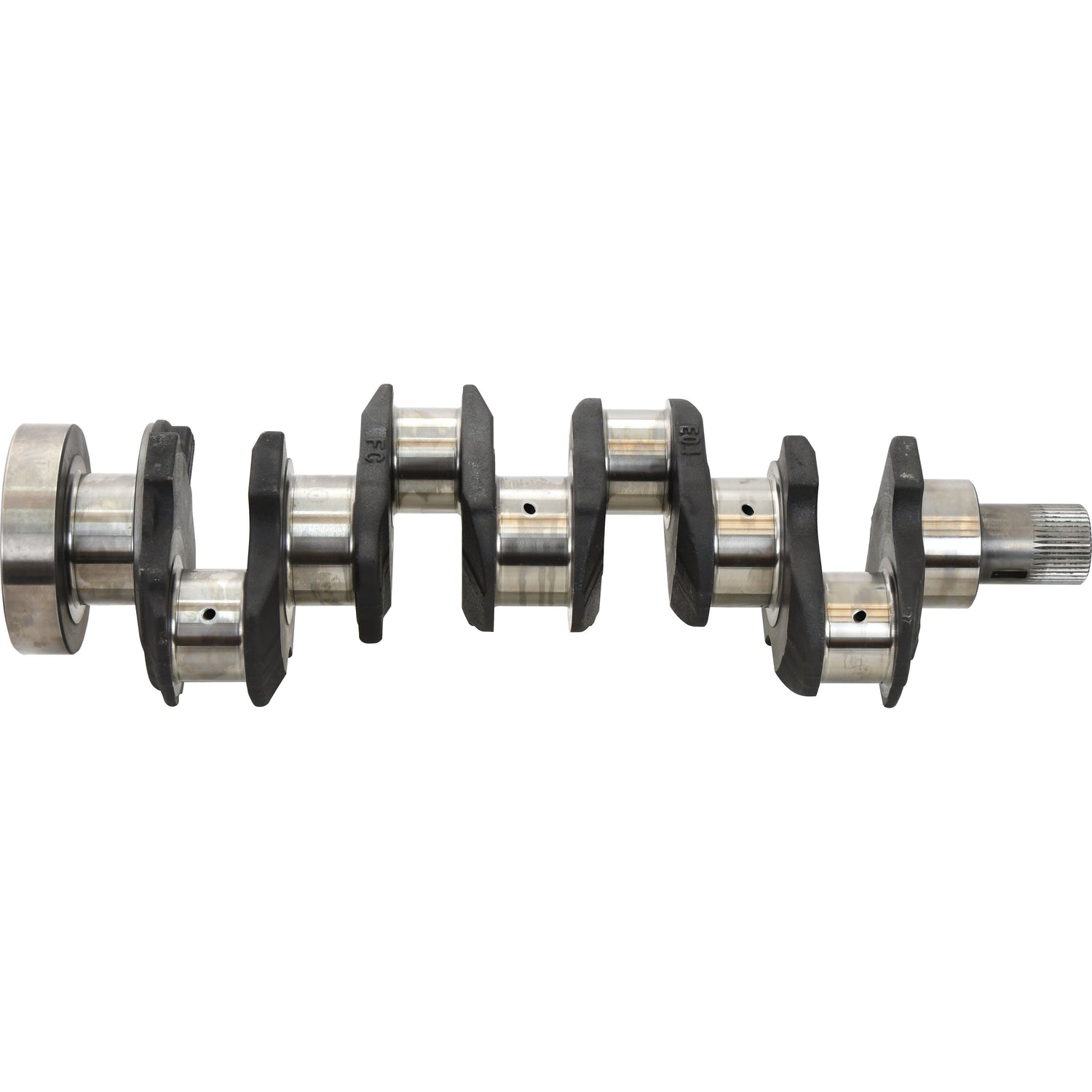 A meticulously crafted Sparex Crankshaft (4 Cyl.) 1104C / 1104D, featuring an intricate design with multiple counterweights, bearings, and a threaded end, is perfectly suited for use in Perkins Engines. Sparex Part No.S.118826.
