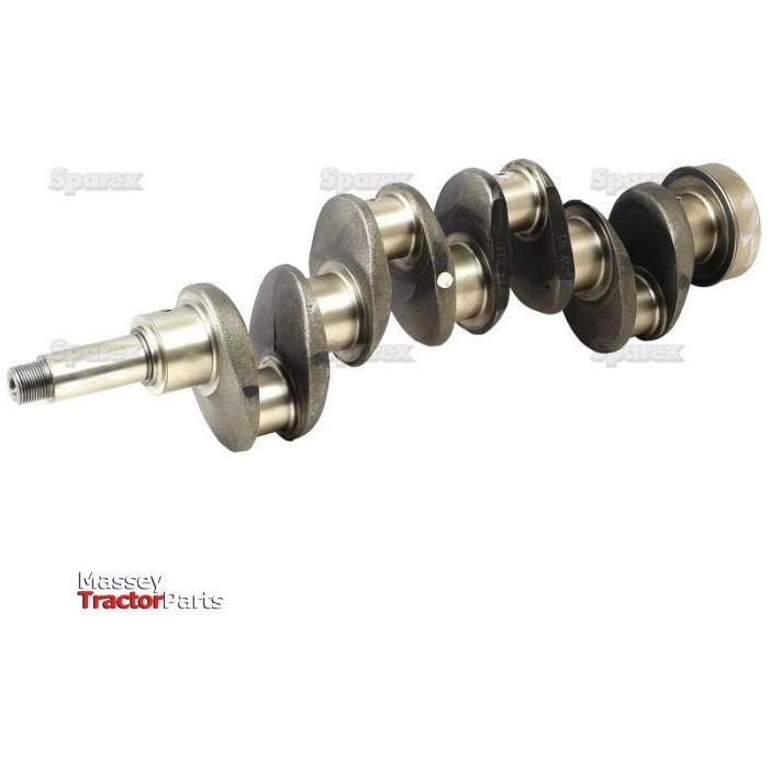 A metal crankshaft, branded Sparex and compatible with Case IH BD144 engines, featuring multiple connecting rod journals and main bearing journals, is displayed against a white background. The product name is Crankshaft (4 Cyl.) BC144, BD144, BD154, BD154T | Sparex Part No.S.57893.