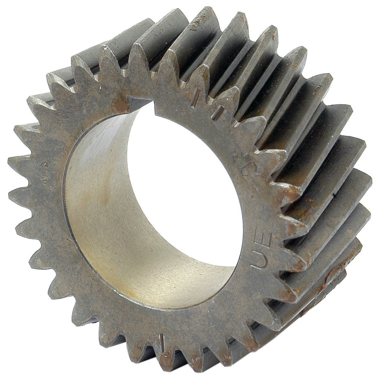 Close-up of the Crankshaft Gear - S.41851 by Sparex with evenly spaced, straight teeth. Featuring a central hole and a slightly rusted surface, this gear's specifications are ideal for inclusion in any Perkins Build List.