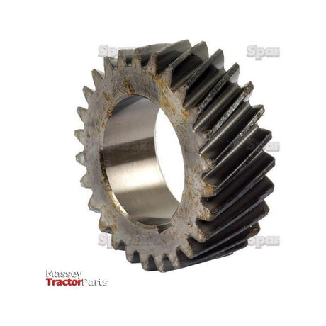 Close-up of a metal crankshaft gear with visible teeth, partially rusted, showing intricate design details. The Massey Tractor Parts logo is at the bottom left. Compatible with Ford/New Holland models by Sparex (S.65149).