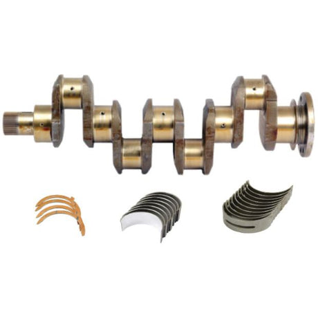 A Sparex Crankshaft Kit (4 Cyl.) A4.236/A4.248 - S.41641 includes a metal crankshaft, bearings, main bearing, and thrust washers displayed in front of it.