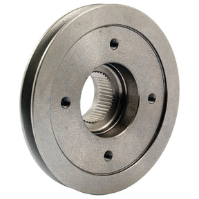 The Crankshaft Pulley (Sparex Part No.S.41855) by Sparex is a cylindrical metal mechanical part commonly used in Massey Ferguson machinery. It features a central hole, gear-like interior elements, and four smaller holes distributed around its outer surface.