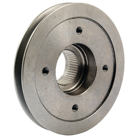 Close-up of a metallic mechanical part, evocative of a Massey Ferguson component, specifically the Sparex Crankshaft Pulley (Sparex Part No. S.41855), featuring a central circular opening with threaded holes and gear-like ridges visible inside the opening.