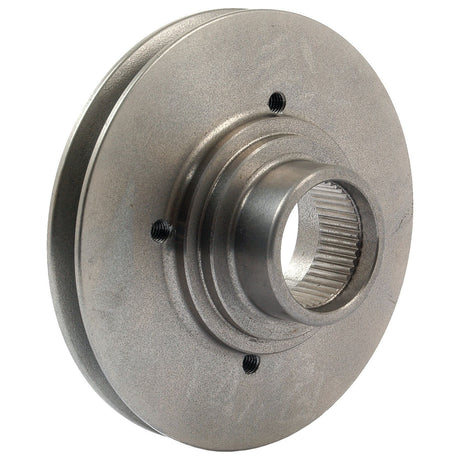 A metal mechanical part with a circular shape, an internal groove, and three small holes near the center, perfect as a Sparex Crankshaft Pulley (Part No.S.41855).