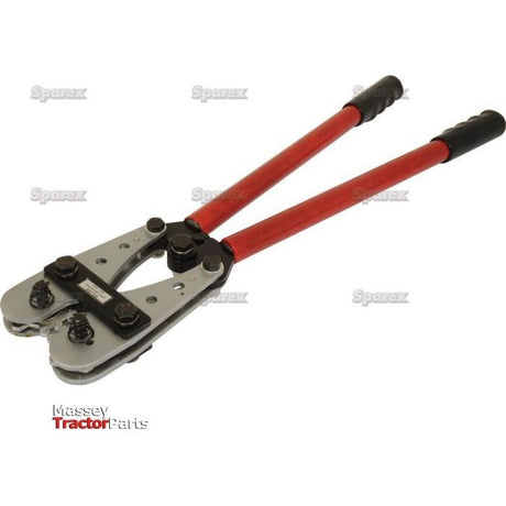 A crimping tool with red handles and black grips, featuring a metallic head with adjustable bolts designed for cutting through tough materials. The brand logo "Sparex" is visible on the tool, ensuring high-quality manufacture information. This product is known as Crimping Tool - S.27990.