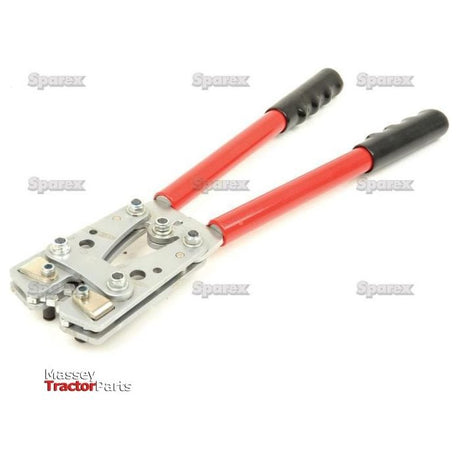 A crimper tool with red handles and black grips, suitable for pressing and joining materials. The tool is labeled as the Crimping Tool - S.27989, a Massey Tractor Parts product from the Sparex brand.