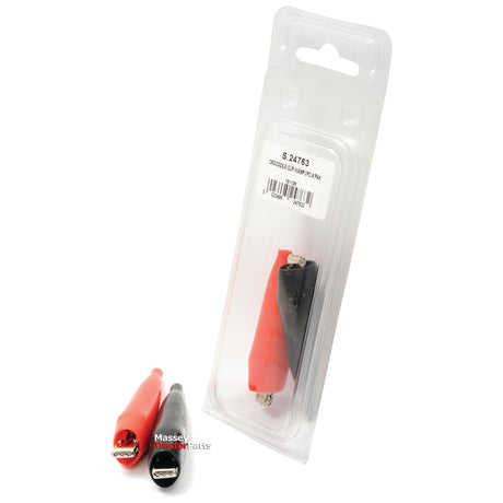 A package containing a set of Sparex Crocodile Clips - 10 Amps, Red, Black (Agripak 2 pcs. | Sparex Part No.S.24763). One clip is inside the packaging, while two are outside. The package displays a barcode and product information and indicates it can handle up to 10 Amps.