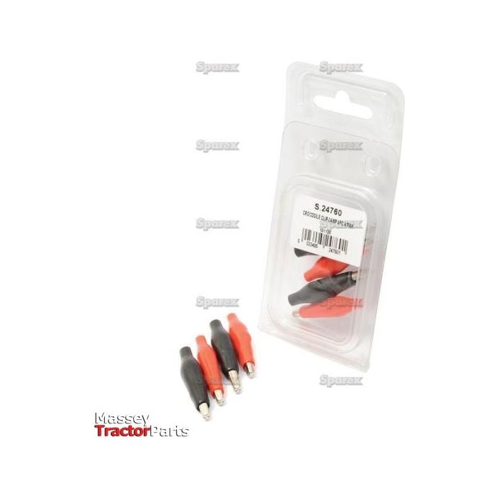 A plastic package labeled "S.24760" from Agripak contains four black and red crocodile clips from Sparex, each capable of handling up to 2.0 Amps. Three clips are displayed outside the package.