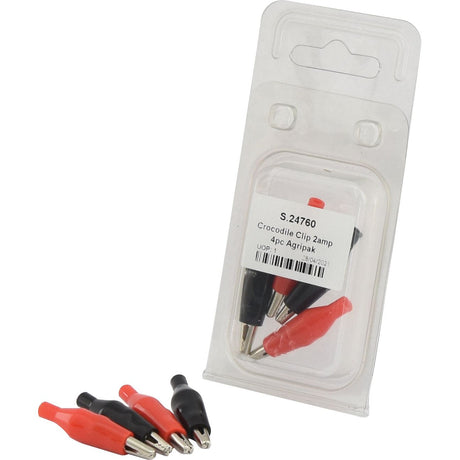 A pack of Crocodile Clip - 2.0 Amps, Red, Black (Agripak 4 pcs.) by Sparex (Part No. S.24760), with four clips (two red and two black) partially removed from the transparent packaging lying beside it.