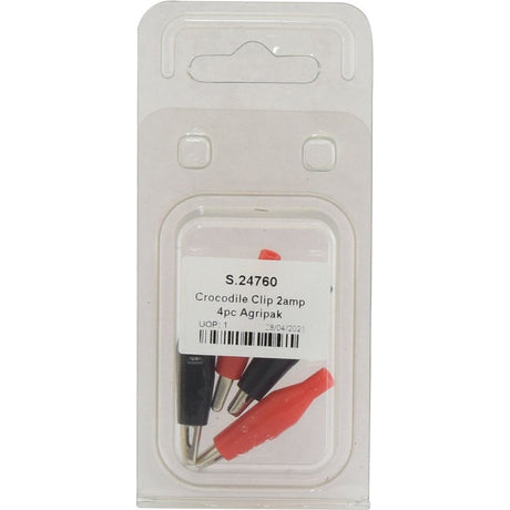 A package of four 2-amp crocodile clips by Sparex, labeled as Agripak, contains two black clips and two red clips. The product code is S.24760, with a packaging date of 28/04/2021.