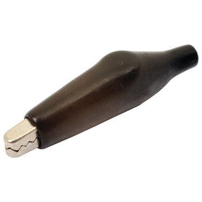 Close-up image of the Sparex Crocodile Clip - 3.0 Amps Black (Sparex Part No.S.24753), featuring a rubber-coated exterior and a metal jaw, designed for electrical connections and testing.