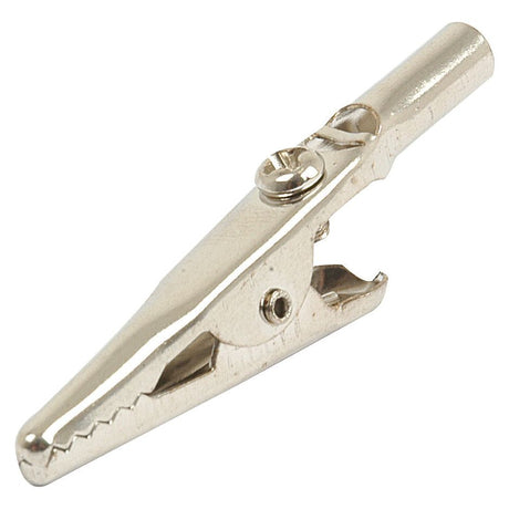 Close-up image of the Sparex Crocodile Clip - 5.0 Amps (Part No.S.11883), featuring a silver metal design with a cylindrical handle, serrated teeth on the clamping jaws, and capable of handling up to 5.0 Amps.