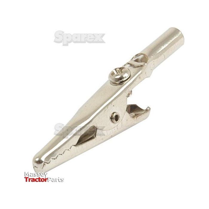 Close-up image of a Crocodile Clip - 5.0 Amps. The silver clip features serrated jaws and a small screw on top. At the bottom left of the image, "Massey Tractor Parts" is displayed, with "Sparex" in the background branding.