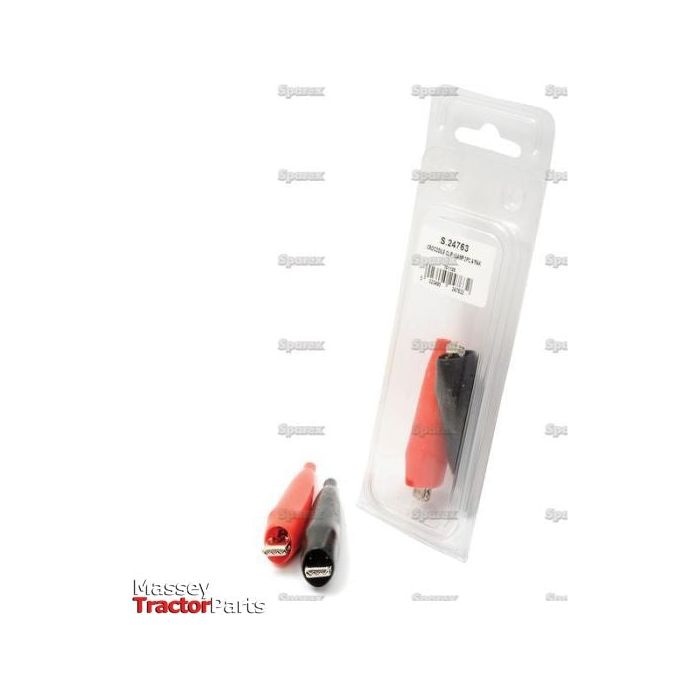 Two Sparex Crocodile Clips - 10 Amps, one red and one black, displayed out of packaging, alongside a similar Agripak pair shown inside clear plastic packaging with a label, branded as Sparex Part No. S.24763.