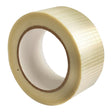 A roll of Sparex Cross Weave Reinforced Tape (Sparex Part No.S.22712) in beige, measuring 50mm in width and 50m in length, featuring a woven texture and depicted standing with the adhesive side facing inward.