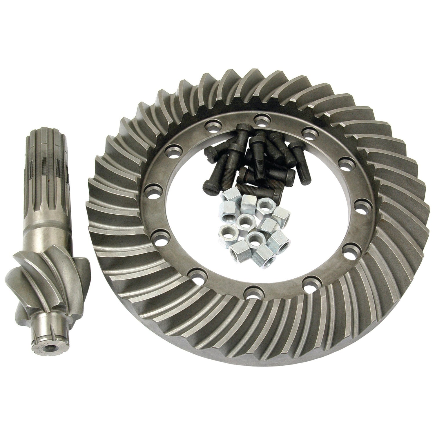 A Crown Wheel and Pinion, Sparex Part No. S.40897, along with bolts and nuts, are arranged on a white surface.