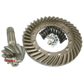 A Crown Wheel and Pinion gear set, including bolts and nuts, branded "Sparex" with Part No. S.41344, is displayed on a white background and is ideal for Massey Ferguson maintenance.