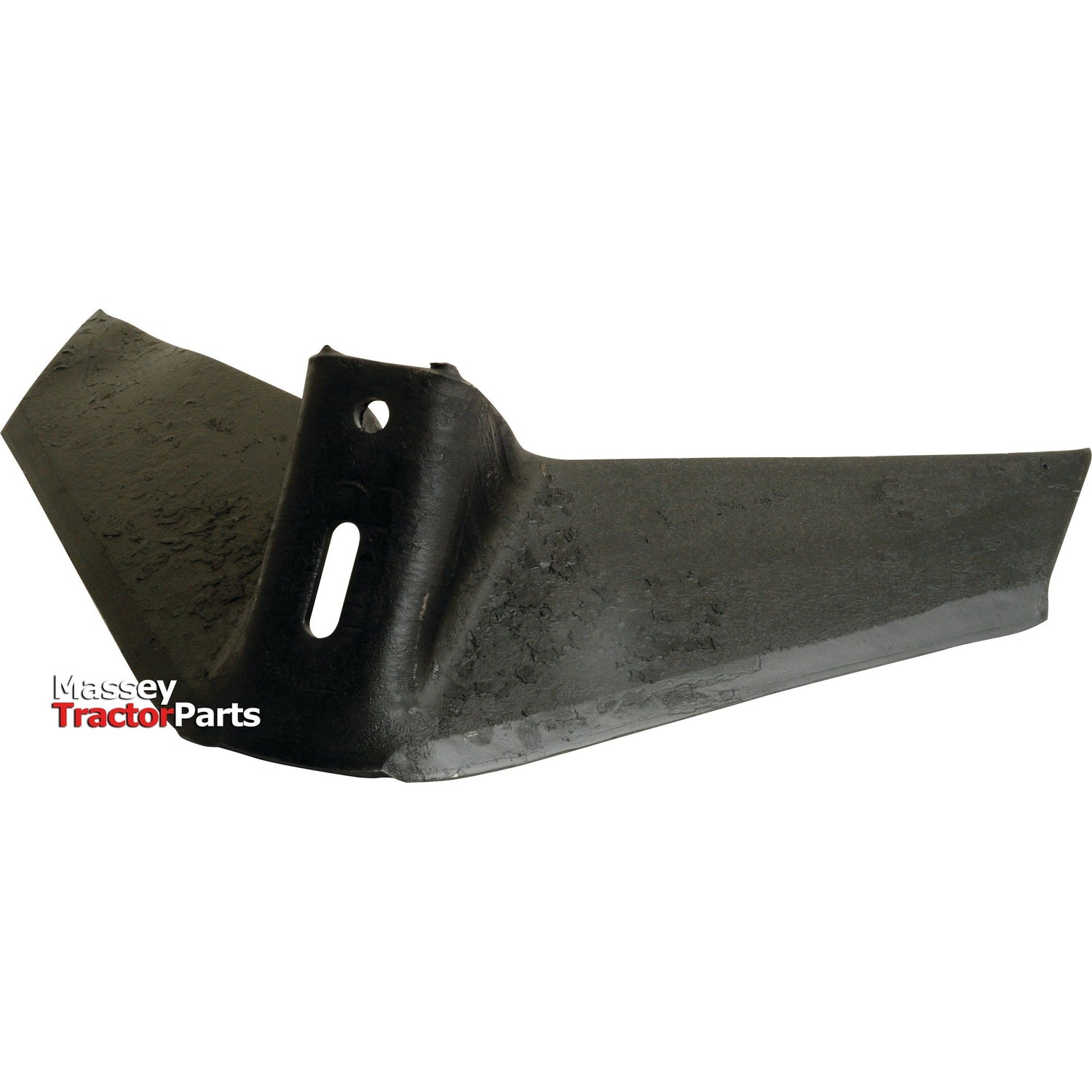 A black agricultural tiller blade with a curved design and a mounting hole, labeled "Sparex." This robust Rotavator Blade Curved RH 80x8mm (Sparex Part No. S.72432), designed to replace Sovema 900-111-023, ensures efficiency and reliability for your farming needs.