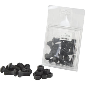 A package of black bolts and nuts, including Sparex Cup Head Bolts (TBCC) M12x30mm (10 pcs. Agripak), lies beside several loose bolts and nuts on a white surface.