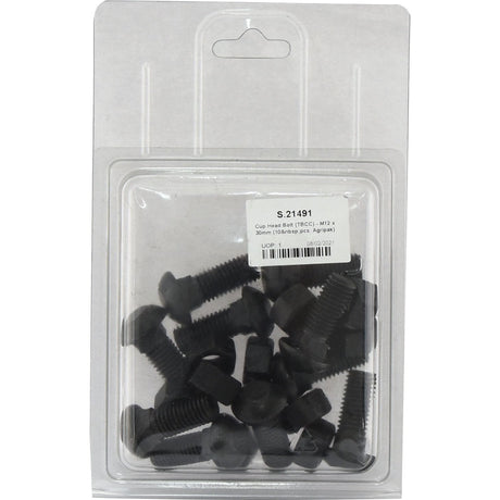 A Sparex Agripak containing 10 black Cup Head Bolts with Metric Threads, each sized M12x30mm and labeled "S.21491," featuring product specifications including Tensile Strength 12.9.