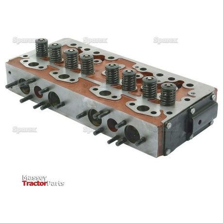 The Cylinder Head Assembly - S.42496, a silver metal engine cylinder head from Sparex, is designed for Massey tractors. It features multiple valve springs and bolt holes. The "Massey Tractor Parts" label can be seen in the bottom left corner, ensuring compatibility with various Sparex engine models.