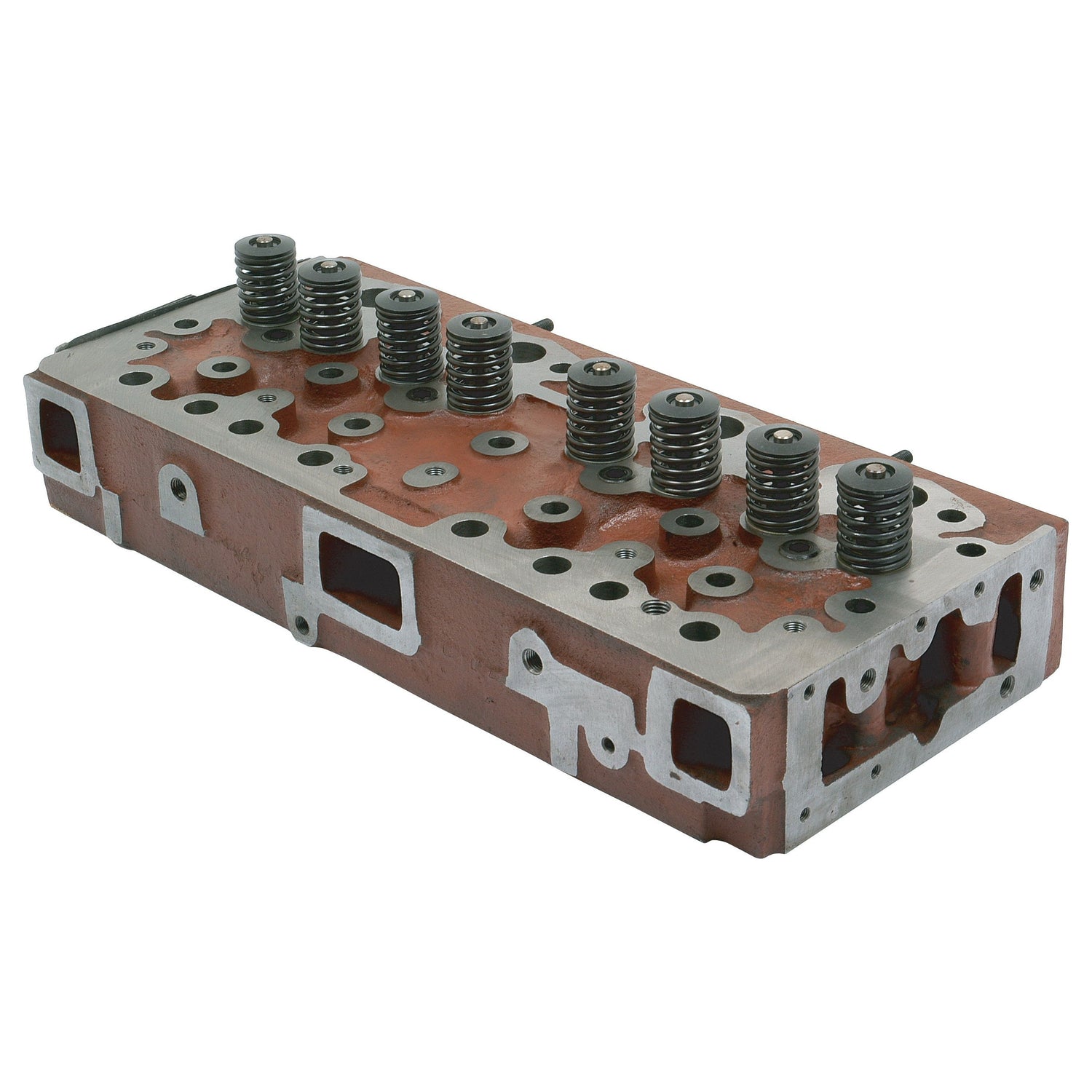 A Sparex Cylinder Head Assembly - S.42496 for an internal combustion engine, featuring multiple valves and springs as well as various ports.
