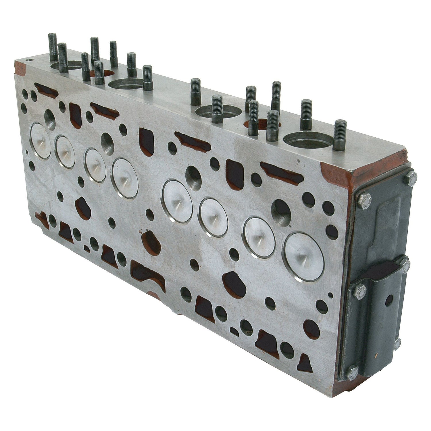 The Cylinder Head Assembly - S.42496 by Sparex, featuring multiple circular openings, bolts, and visible valves and springs, is displayed on a white background.