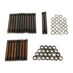 A Cylinder Head Stud Kit - S.43678, featuring metal bolts, nuts, and washers from the Sparex brand, is neatly arranged and displayed on a plain white background.