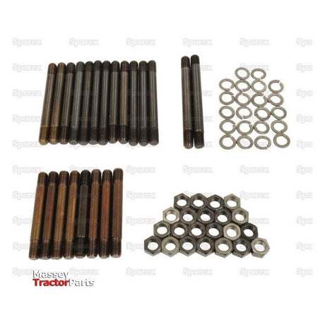 Groups of metal bolts and nuts are arranged on a white background, displayed with the Sparex Cylinder Head Stud Kit - S.43678, featuring the Massey Ferguson Tractor Parts logo at the bottom.