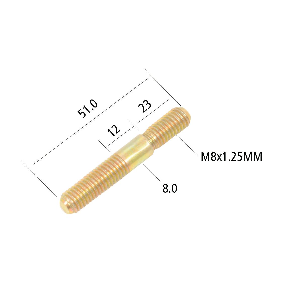 The Cylinder Head Stud (Sparex Part No. S.62544) by Sparex is an M8x1.25mm threaded rod with a total length of 51mm. It features two threaded sections of 23mm and 12mm, separated by an 8mm wide unthreaded section in the center, making it ideal for use in machinery such as the Case IH JX1075V.