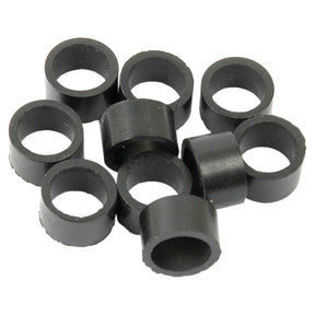 A group of nine black rubber grommets scattered on a white background, perfect for use in DIESEL HOSE (Sparex Part No. S.20021) applications or as replacement parts for Sparex components.