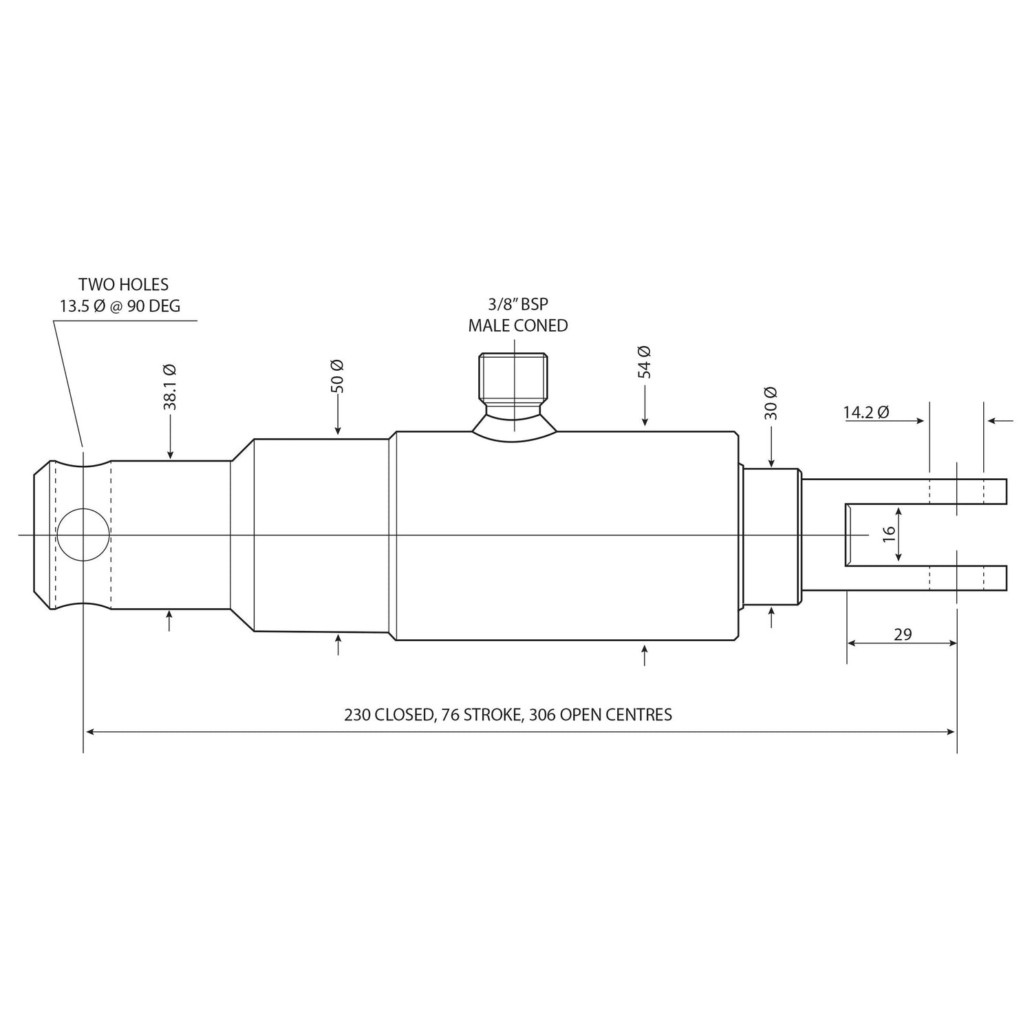This technical drawing of the Displacement Cylinder - 35mm (Sparex Part No. S.25371) by Sparex includes detailed dimensions and measurements in millimeters, specifications such as a 3/8" BSP male coned fitting, a closed length of 230 mm, a stroke length of 76 mm, and details on the cylinder stroke. It also mentions the maximum working pressure for optimal performance.