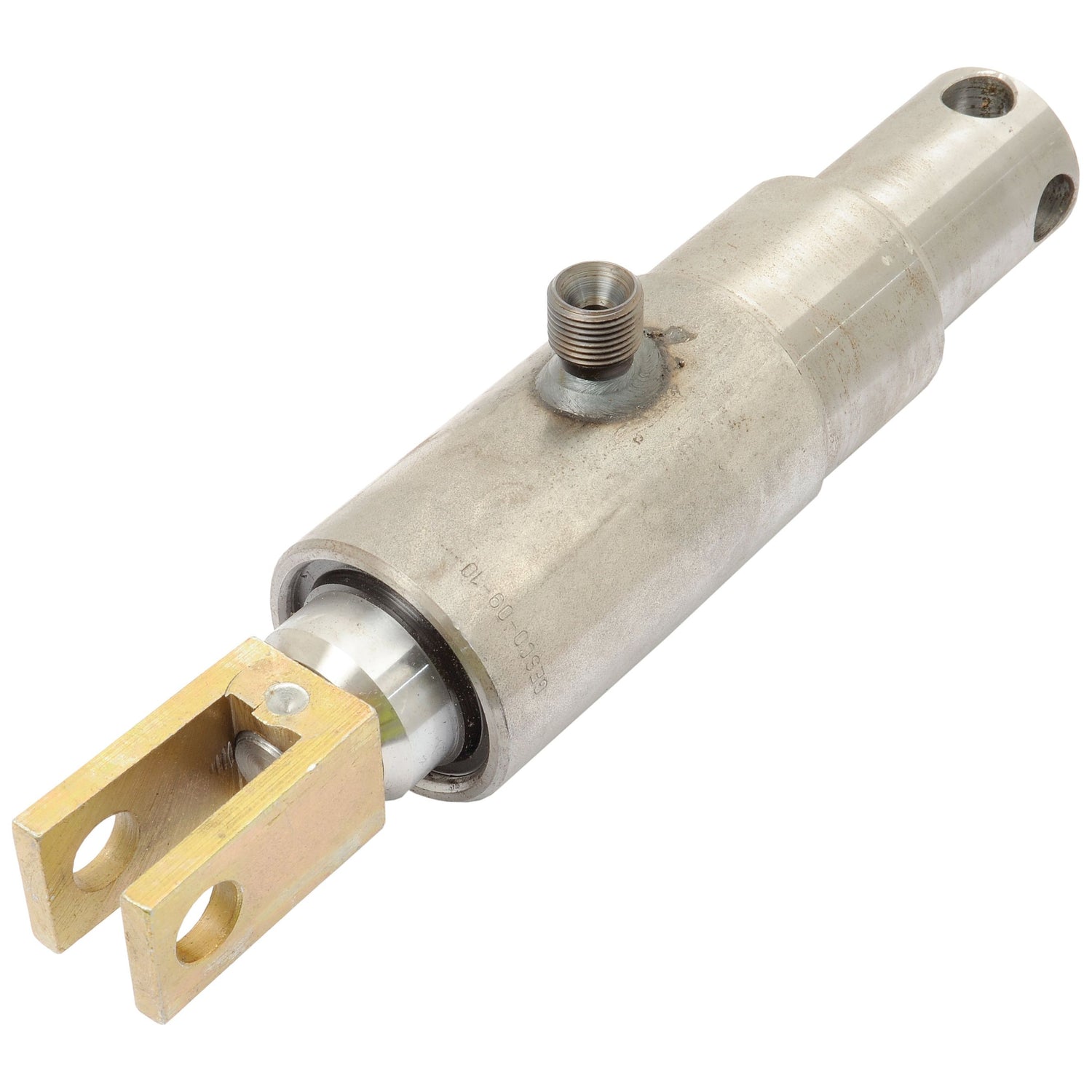 The Displacement Cylinder - 35mm (Sparex Part No. S.25371) by Sparex, featuring a brass clevis mount, a threaded port, and a clearly defined cylinder stroke, is shown against a white background.