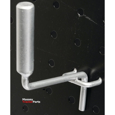 A silver metal hook is mounted on a black perforated board. Designed to hold items, it features a cylindrical handle ideal for hanging. The board displays the logo "Massey Tractor Parts" and includes a DISPLAY-BRACKET MIRROR 12MM OD from Sparex, Part No. S.53584.