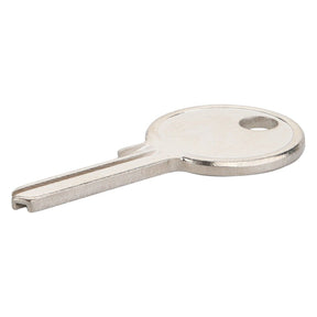 Introducing the Massey Ferguson - Door Keys Set - 3473514M1 by AGCO, featuring a silver, metallic key with a round head and a single cut at the end for secure access. The head also includes a small hole for easy attachment to a keyring.