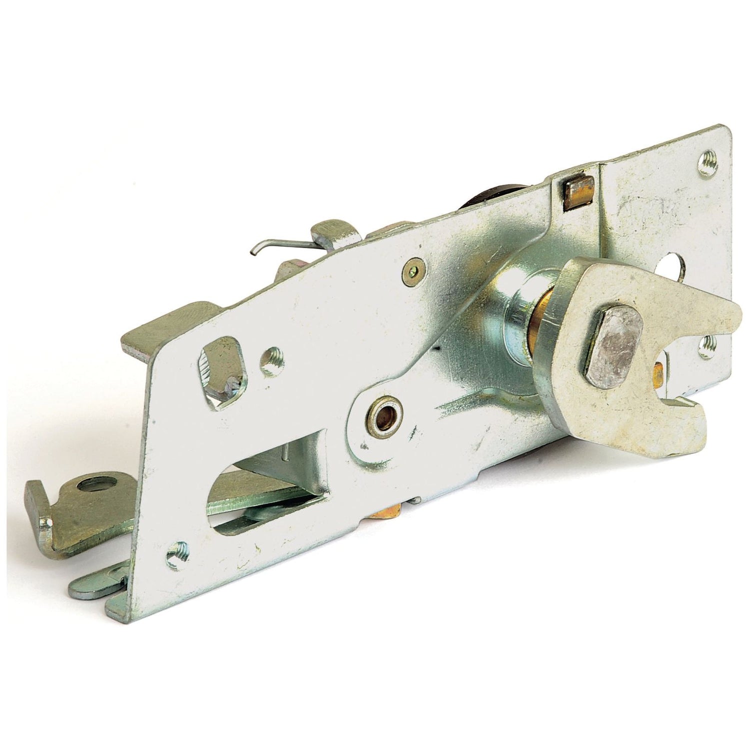 The Inner Door Lock LH (Sparex Part No. S.42961) by Sparex is a rectangular, metallic door latch mechanism featuring various cutouts, bolts, and a rotating latch hook on one side, commonly used in Massey Ferguson inner door locks.