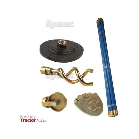 A set of tractor parts from the Sparex brand, including a round black disc, a twisted metal auger piece, blue cylindrical drain rods, a brass fitting, and a triangular metal component is available as the DRAIN MAINTENANCE ROD KIT (Sparex Part No. S.14386).