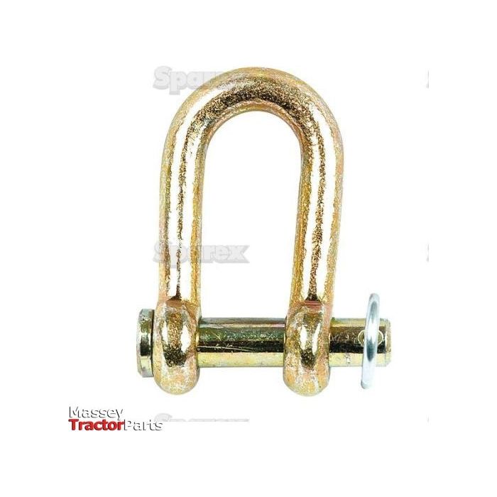 The Sparex D Shackle, Pin Ø8mm, Jaw Width: 13mm - S.1415 is a gold-colored shackle with a pin, commonly used for securing loads in vehicles and machinery. The logos of "Sparex" and "Massey Tractor Parts" are visible on the product. Suitable for various applications, its specifications ensure reliable performance.