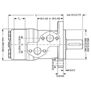 Technical drawing of the Danfoss Hydraulic Orbital Motor OMP80 77.8cc/rev with 25mm Straight / Parallel Shaft - S.137150 by Sparex, featuring detailed measurements and product specifications labeled, including overall dimensions and component sizes.