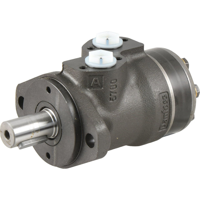 The hydraulic motor, known as the Danfoss Hydraulic Orbital Motor OMP80 77.8cc/rev with a 25mm straight/parallel shaft and labeled S.137150, features two white plastic caps on top. For detailed product specifications, refer to Sparex's information.