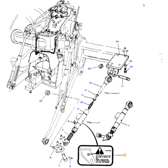 An intricate black and white schematic diagram of a mechanical assembly features various numbered components, such as levers, bolts, and joints, akin to those found in Massey Ferguson tractor models. The diagram includes a highlighted warning notice and is associated with the AGCO branded product "Massey Ferguson - Decal - 3617574M3".