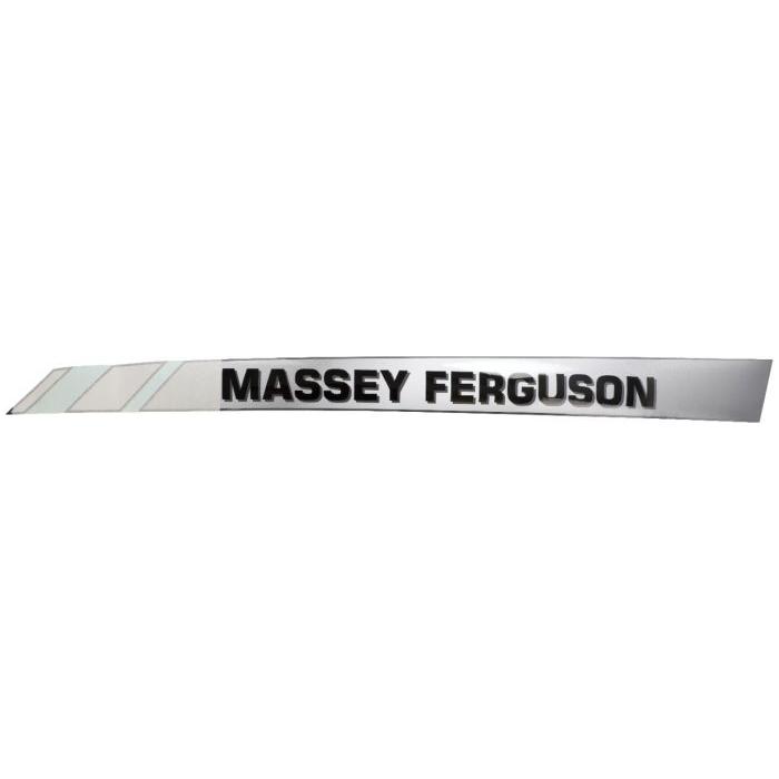 The Massey Ferguson - Decal Left Hand Bonnet (4272303M1) by AGCO features a silver emblem with "MASSEY FERGUSON" in black text, accompanied by a series of grey and white diagonal lines on the left side. This striking design is often found on various tractor parts, such as the 4435 model, highlighting their robust and reliable performance.