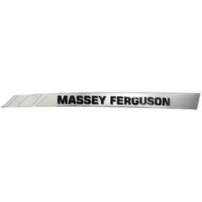 The Massey Ferguson - Decal Left Hand Bonnet (4272303M1) by AGCO features a silver emblem with "MASSEY FERGUSON" in black text, accompanied by a series of grey and white diagonal lines on the left side. This striking design is often found on various tractor parts, such as the 4435 model, highlighting their robust and reliable performance.